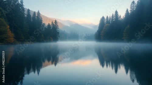 Foggy Mountain Lake with Tree Silhouettes and Reflections