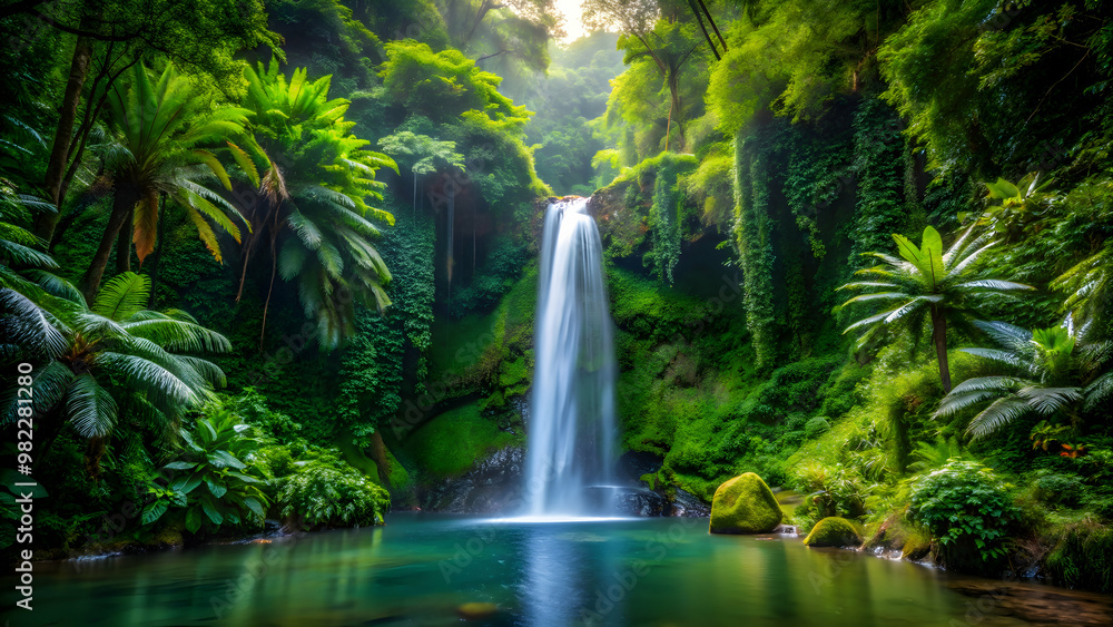 Hidden waterfall surrounded by lush rainforest vegetation, hidden, waterfall, mystic, cascade, rainforest, jungle Hidden waterfall surrounded by lush rainforest vegetation, hidden, waterfall, mystic, cascade, rainforest, jungle