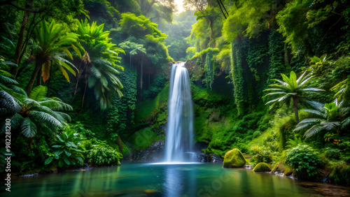 Hidden waterfall surrounded by lush rainforest vegetation, hidden, waterfall, mystic, cascade, rainforest, jungle