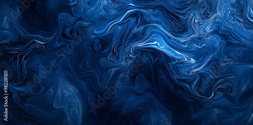 Abstract fluid art featuring deep blue and light blue swirling patterns, creating a dynamic, flowing effect reminiscent of water and waves.
