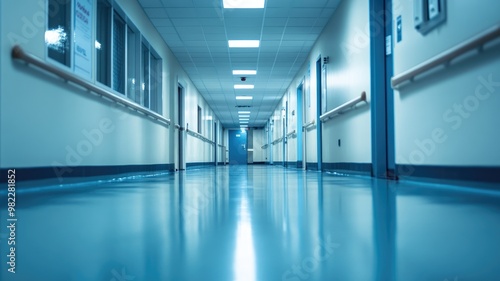 Empty, brightly lit hospital corridor with clean floors