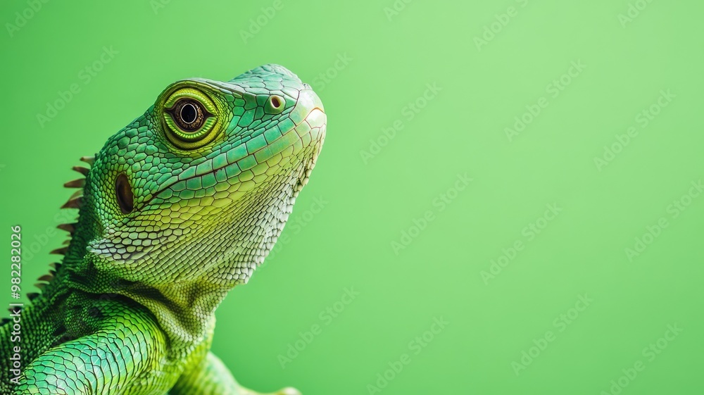 Green lizard against green background, with detailed scales and sharp eyes Green lizard against green background, with detailed scales and sharp eyes