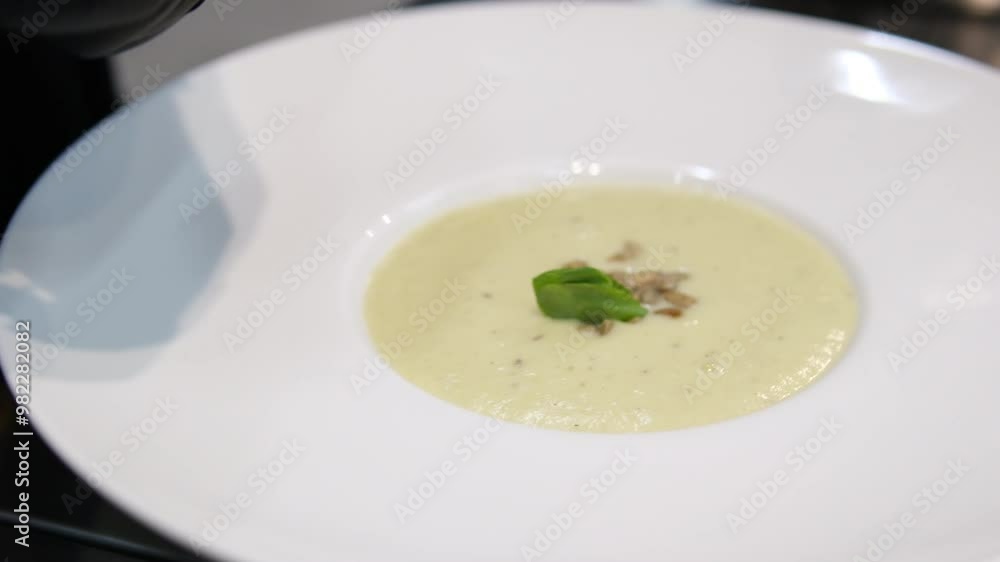 serving cream soup with sunflower seeds and a piece of arugula serving in a restaurant on white plates a chef in the kitchen preparing and decorating serving cream soup with sunflower seeds and a piece of arugula serving in a restaurant on white plates a chef in the kitchen preparing and decorating