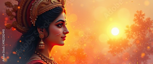 Soft watercolor of Goddess Durga’s face illuminated by the warm glow of the Durga Ashtami puja for Banner or Background 