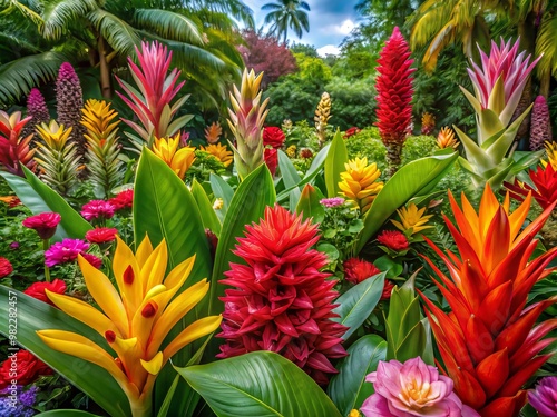 Tropical flowers burst forth in a vibrant Hawaiian garden, a kaleidoscope of colors blooming amidst lush greenery and