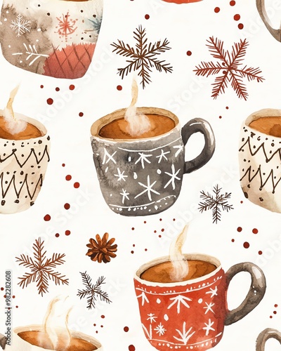 Watercolor seamless pattern with winter mugs and snowflakes. photo