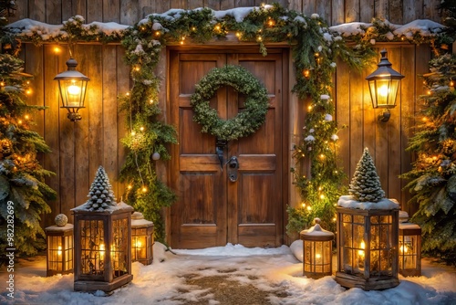 Twinkling lights wrap a rustic winter scene in warmth, juxtaposing wooden doors, vintage lanterns, and lush greenery