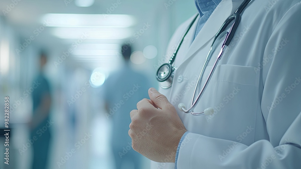 Doctor's Hand with Stethoscope in a Hospital Setting Doctor's Hand with Stethoscope in a Hospital Setting