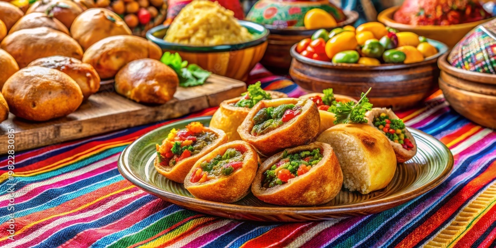 custom made wallpaper toronto digital"Papas rellenas (stuffed potatoes) and salteñas (meat and potato empanadas) in La Paz, surrounded by traditional Bolivian textiles and vibrant market colors"