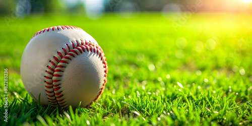 A close-up shot of a baseball resting on vibrant green grass , sports, game, baseball, outdoor, close-up, texture