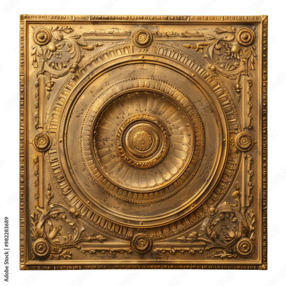 A close-up of a decorative gold ceiling medallion with intricate details and a classic design. A close-up of a decorative gold ceiling medallion with intricate details and a classic design.