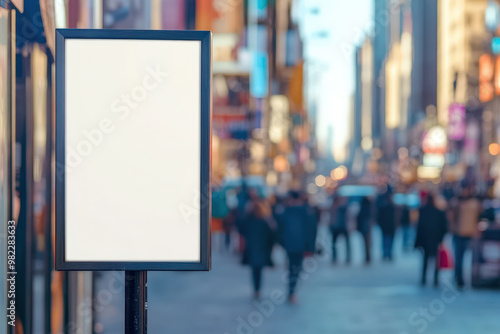 Vertical blank billboard standing on a pole on a crowded street, perfect mockup for your advertising design