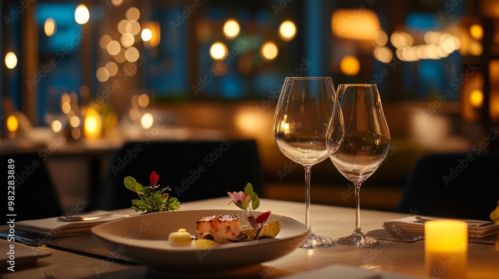 Gourmet dining experience with elegant dishes and soft candlelight, refined atmosphere and sophisticated presentation Gourmet dining experience with elegant dishes and soft candlelight, refined atmosphere and sophisticated presentation