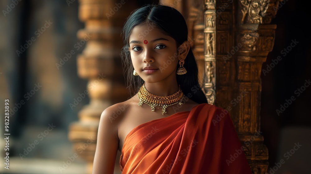 Serene Sri Lankan Teenager in Traditional Osariya with Elegant Draping and Temple Background Serene Sri Lankan Teenager in Traditional Osariya with Elegant Draping and Temple Background