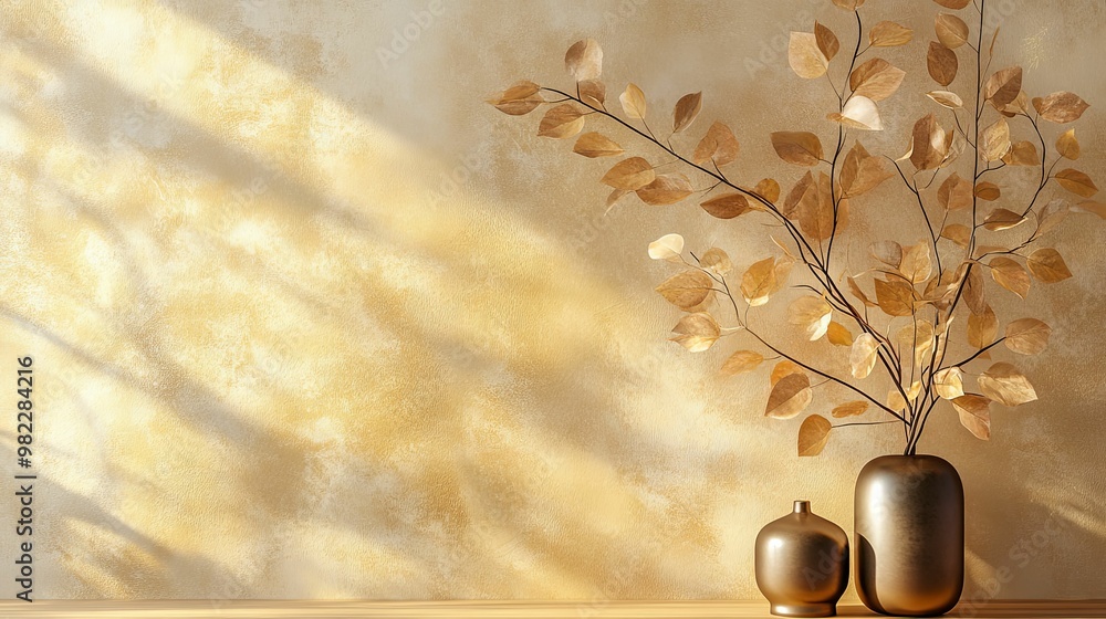 Dried leaves in gold vases against a textured wall Dried leaves in gold vases against a textured wall