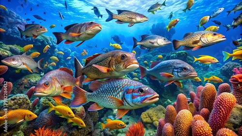 Vibrant blue waters of the Gulf of Mexico burst with marine life, featuring majestic groupers, rainbow-colored photo