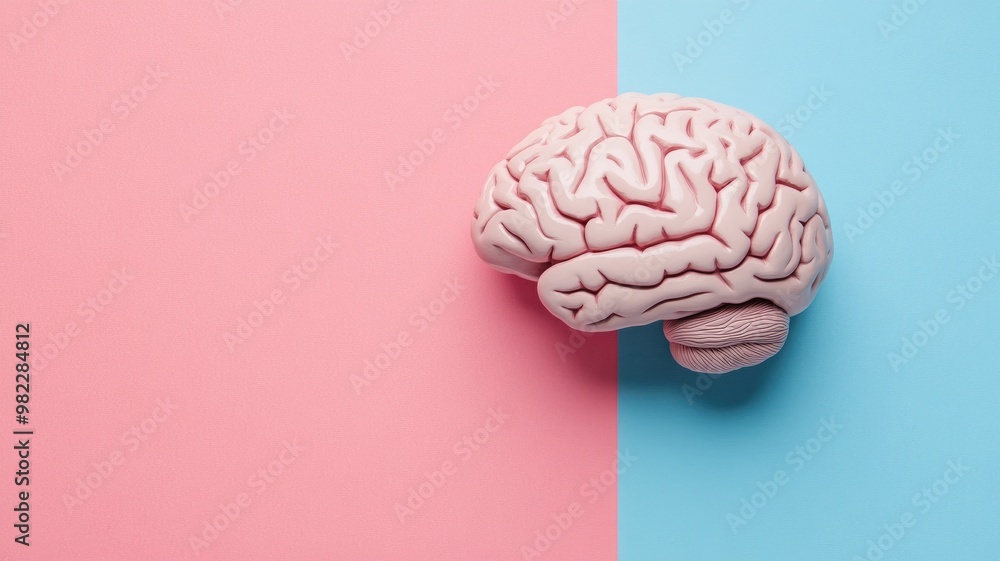 Model brain against split pink and blue background Model brain against split pink and blue background