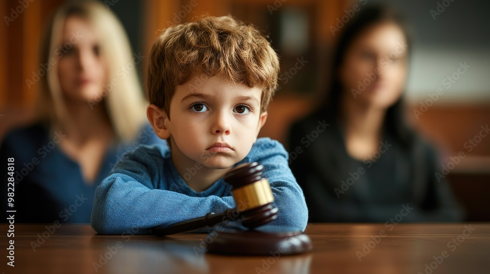 Cute child and mother at table with gavel of judge blurred in background, family law concept