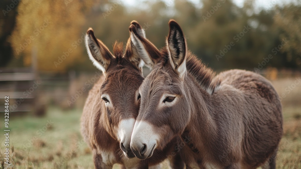 Two Donkeys Standing Close Together in a Field Two Donkeys Standing Close Together in a Field