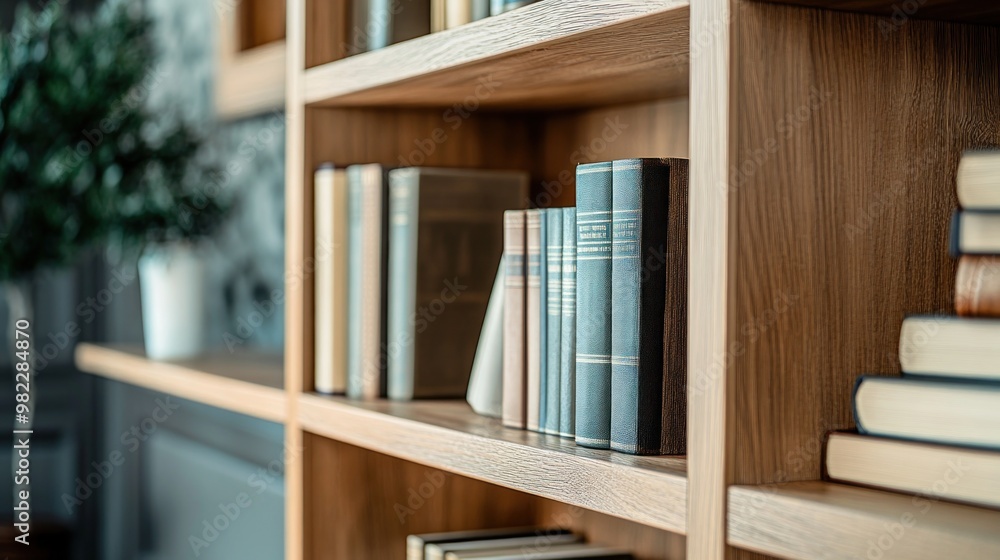 Fototapeta premium Close-up of a wooden bookshelf filled with books