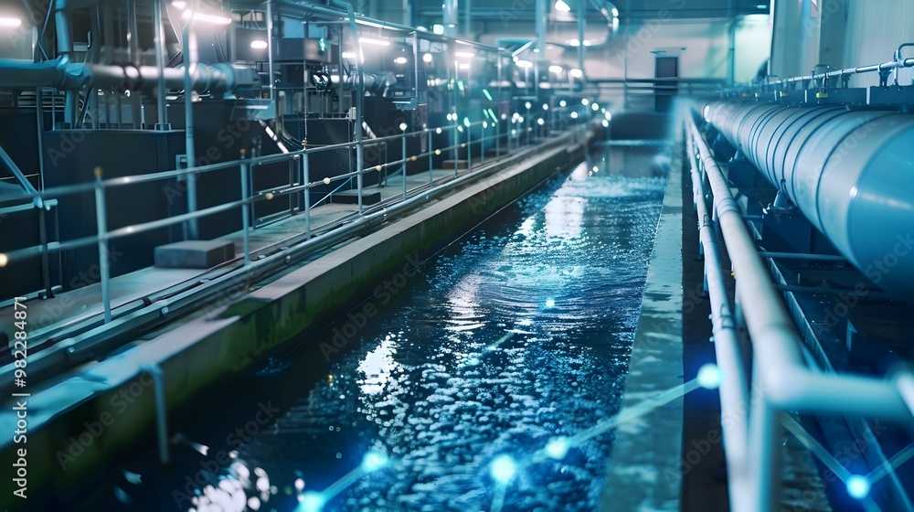 Fototapeta premium Digital Twin Water Treatment Plant Monitoring System with Sensors and Data Analytics