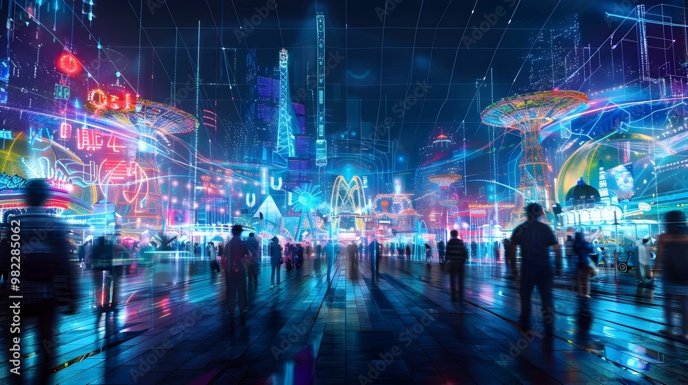 Fototapeta premium Futuristic Digital Twin of a Vibrant Theme Park Monitoring in Real Time