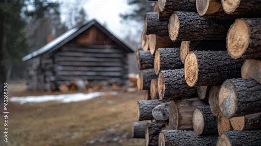 Stack of Logs Near a Cabin in the Woods Stack of Logs Near a Cabin in the Woods