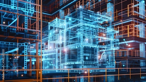Fototapeta Naklejka Na Ścianę i Meble -  Digital Twin of Construction Project Showcasing Progress Material Usage and Timeline Management