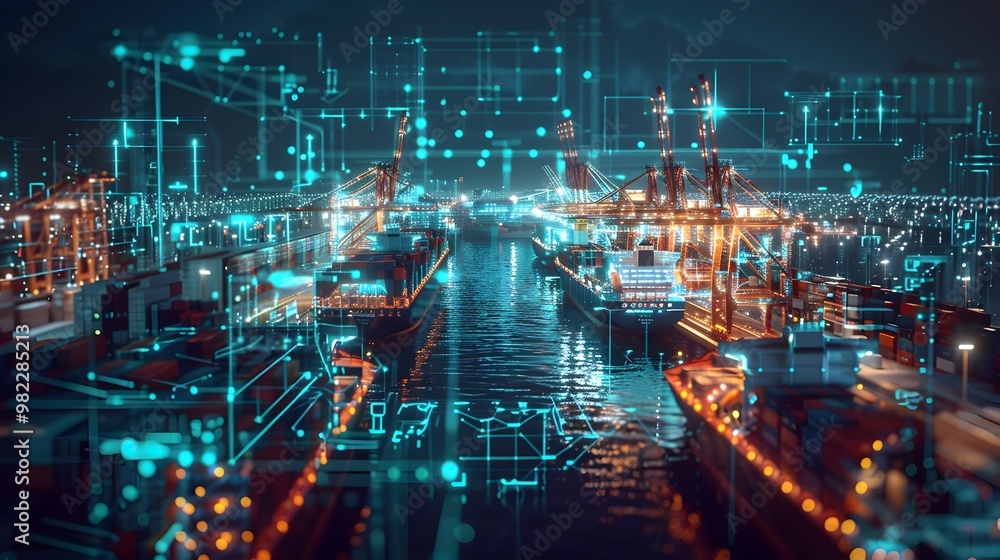 Fototapeta premium Digital Twin Port Managing Logistical Efficiency and Ship Movements