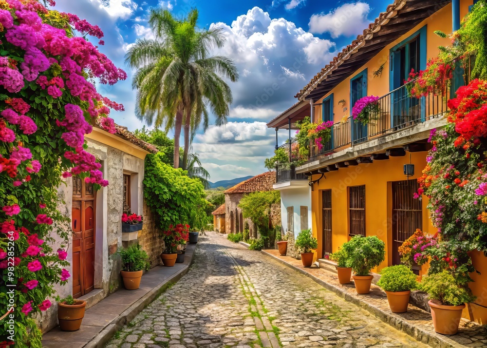Vibrant flowers and greenery surround quaint colonial buildings, cobblestone streets, and historic fortifications, Vibrant flowers and greenery surround quaint colonial buildings, cobblestone streets, and historic fortifications,