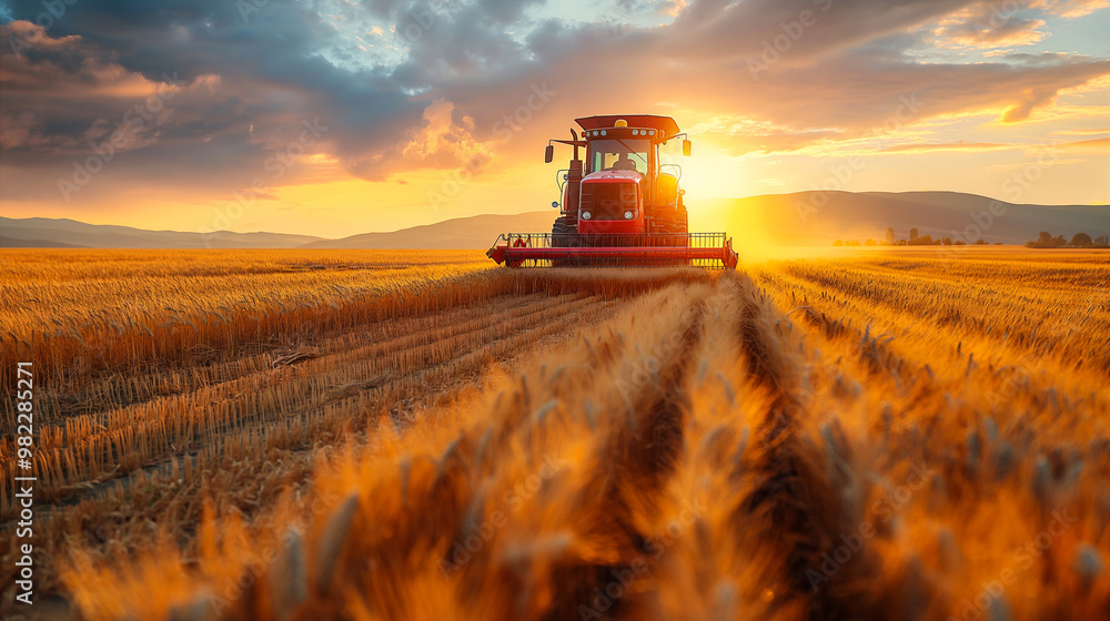 Fototapeta premium Tractor Working in a Field of Ripe Wheat on a Sunny Day. Generative AI