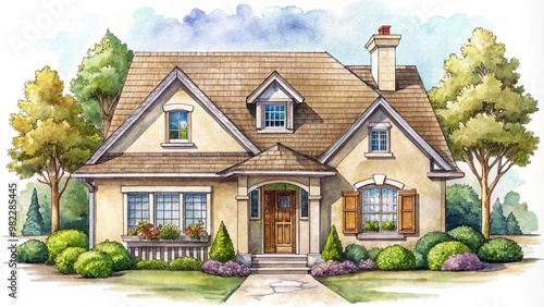 Charming illustration of a cozy house boasts detailed windows, a warm door, and a roofline with gentle peaks