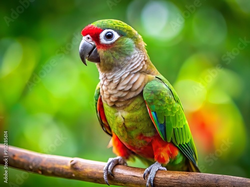 Vibrant green feathers glisten on the perched parrot as its bright, curious gaze scans the surroundings. photo