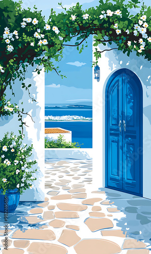 Blue Doors and Greek Island Landscape Vector Illustration - Perfect for Wedding Invitations, Greeting Cards, or Travel Posters Featuring a Scenic Blue Sky, Sea, and White Flowers