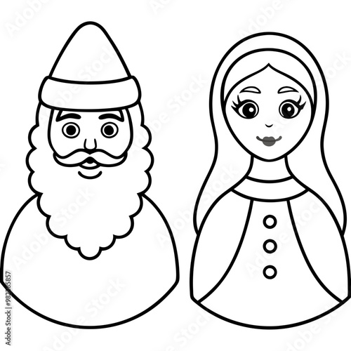 Santa Claus and the snow maiden in a kokoshnik line art 