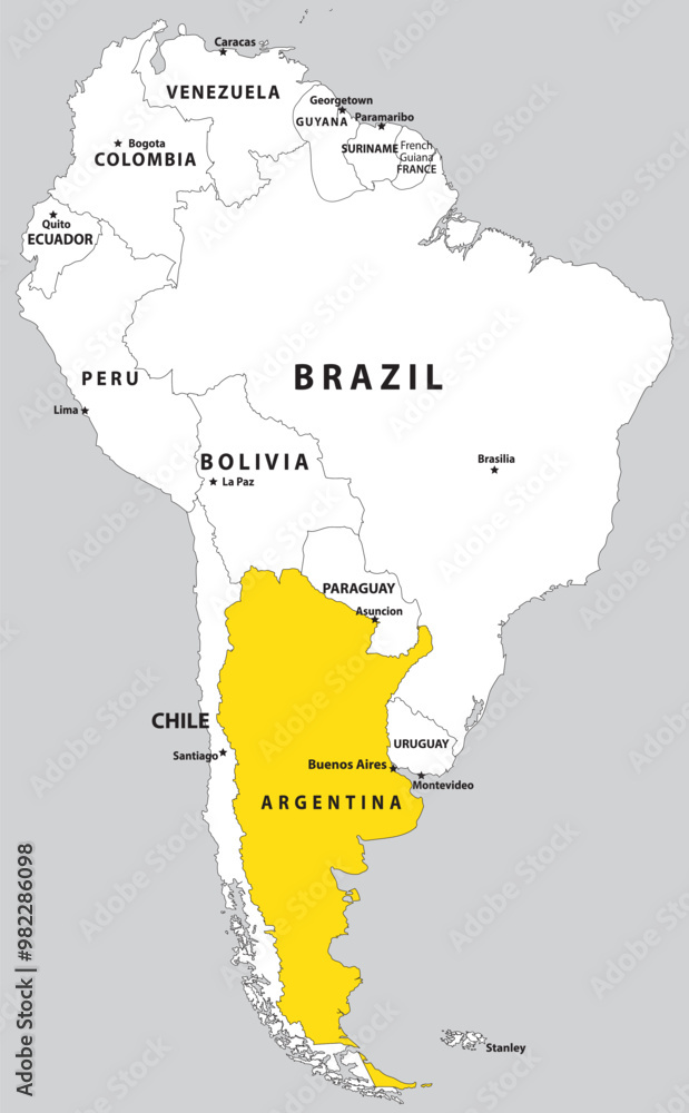 Obraz premium Highlighted map of ARGENTINA inside detailed blank flat political map of South (Latin) American continent on isolated background