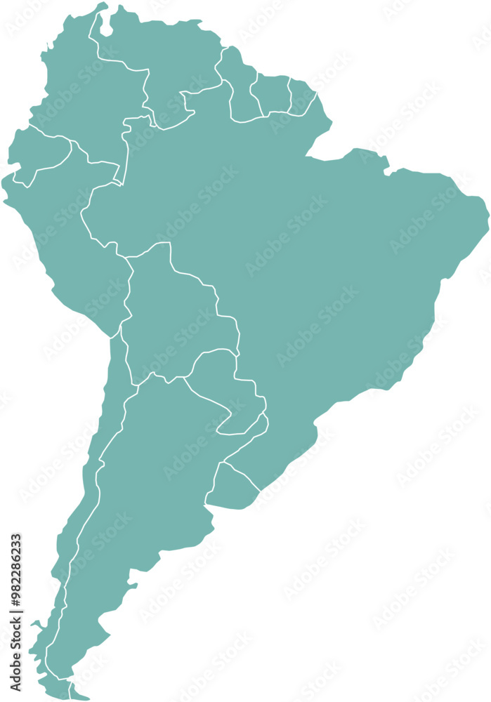 Highlighted detailed blank flat political map of South (Latin) American continent on isolated background Highlighted detailed blank flat political map of South (Latin) American continent on isolated background