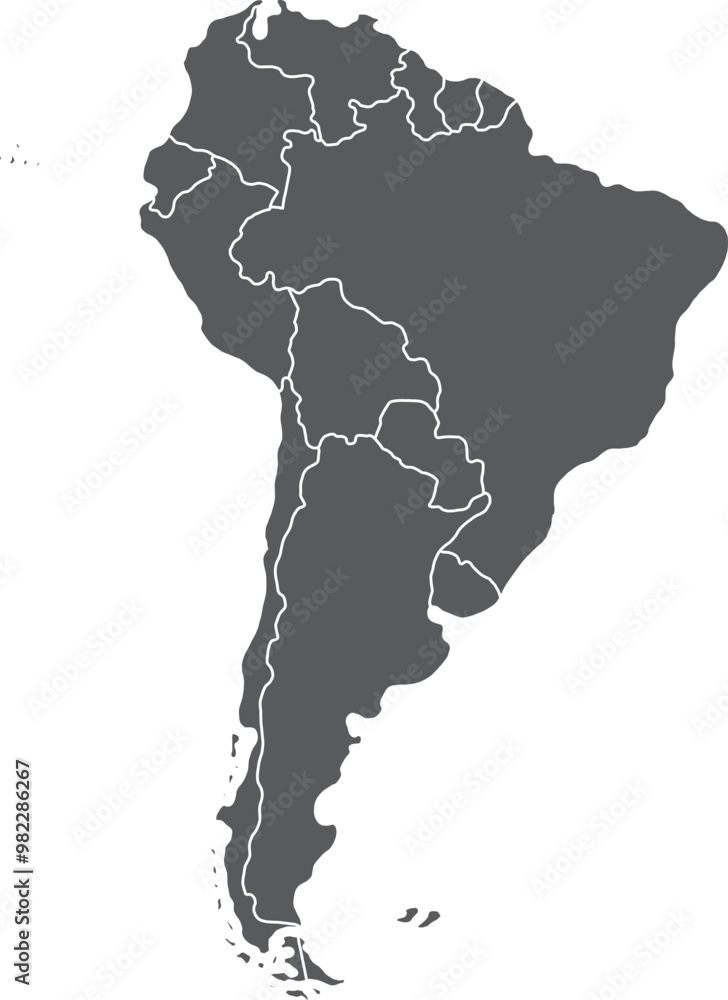 Highlighted detailed blank flat political map of South (Latin) American continent on isolated background Highlighted detailed blank flat political map of South (Latin) American continent on isolated background