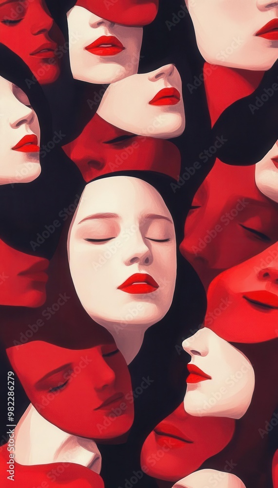 Abstract portrait of a woman with multiple faces, featuring bold red lips and eyes closed. Abstract portrait of a woman with multiple faces, featuring bold red lips and eyes closed.