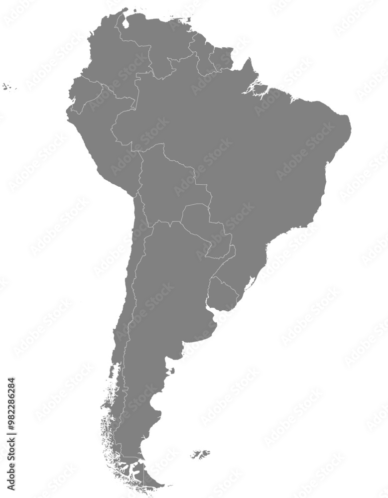 Highlighted detailed blank flat political map of South (Latin) American continent on isolated background Highlighted detailed blank flat political map of South (Latin) American continent on isolated background