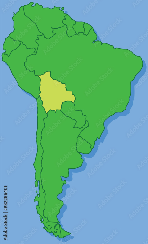 Fototapeta premium Highlighted map of BOLIVIA inside detailed blank flat political map of South (Latin) American continent on isolated background