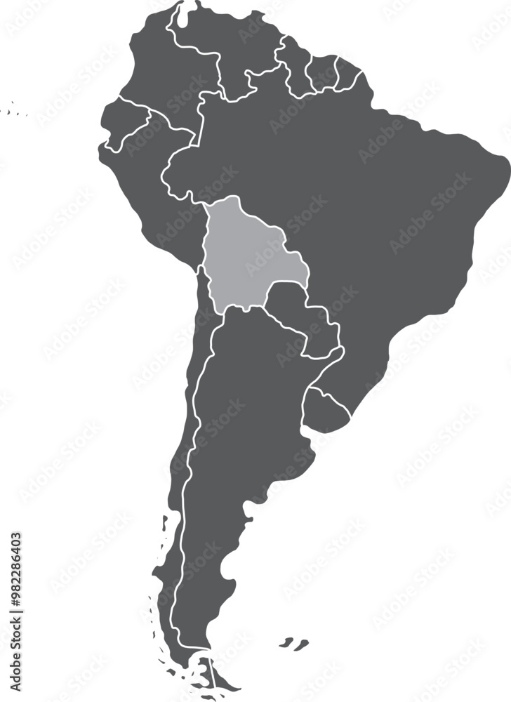 Highlighted map of BOLIVIA inside detailed blank flat political map of South (Latin) American continent on isolated background Highlighted map of BOLIVIA inside detailed blank flat political map of South (Latin) American continent on isolated background