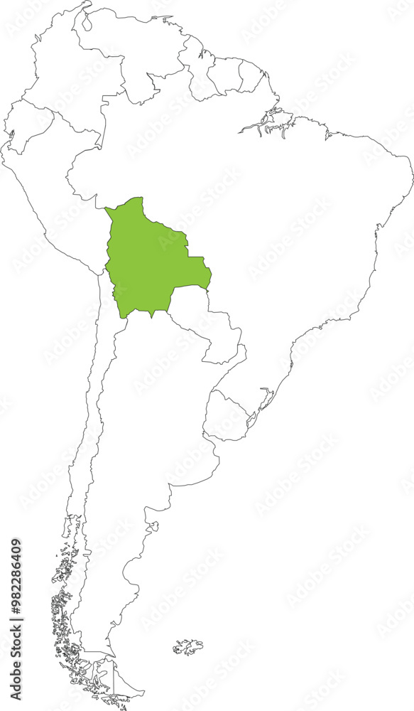Fototapeta premium Highlighted map of BOLIVIA inside detailed blank flat political map of South (Latin) American continent on isolated background