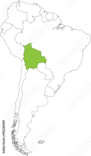 Highlighted map of BOLIVIA inside detailed blank flat political map of South (Latin) American continent on isolated background