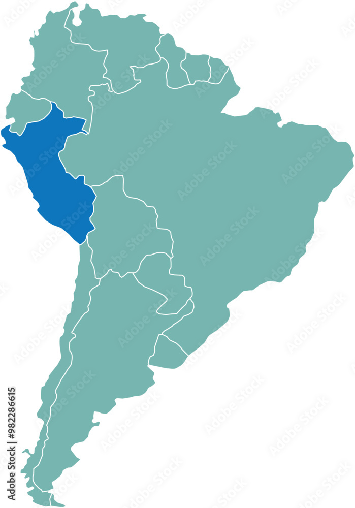 Obraz premium Highlighted map of PERU inside detailed blank flat political map of South (Latin) American continent on isolated background