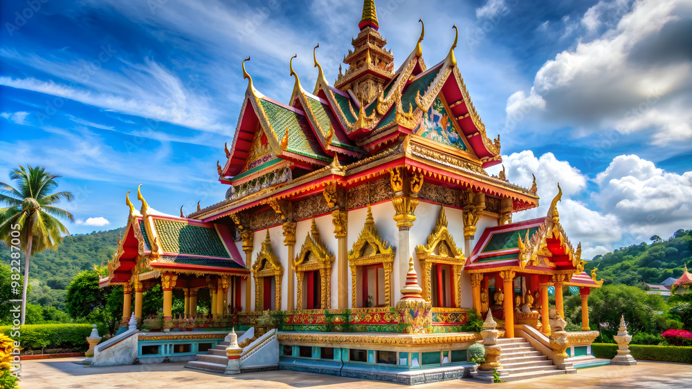 Naklejka premium Pagoda with intricate carvings and colorful decorations at a Thai monastery in Phuket, Thailand