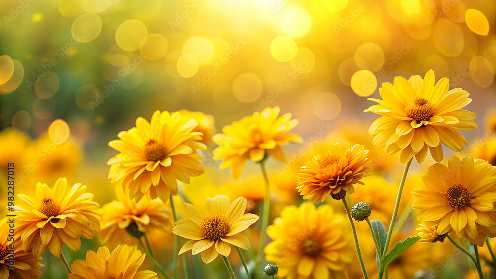 Fototapeta premium Beautiful yellow flowers with a blurred background and bokeh, perfect for autumn or summer festivals, yellow flowers
