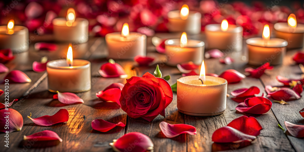 Romantic setting with candles and scattered rose petals , romance, love, passion, candles, decor, cozy Romantic setting with candles and scattered rose petals , romance, love, passion, candles, decor, cozy