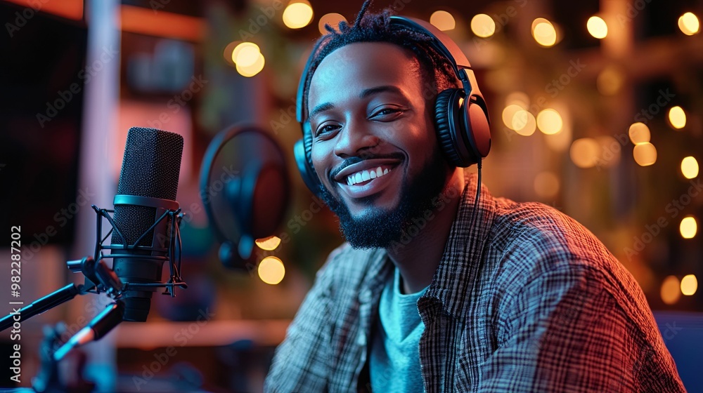 Smiling Man with Headphones and Microphone in a Recording Studio Smiling Man with Headphones and Microphone in a Recording Studio