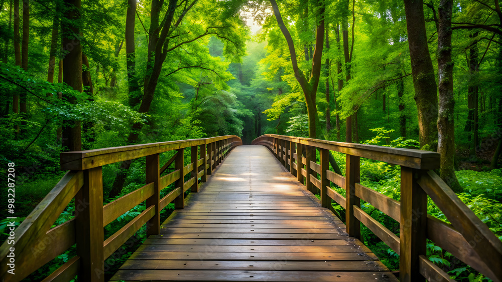 Wooden bridge surrounded by lush green trees in the forest, nature, peaceful, calm, serene, tranquil, foliage Wooden bridge surrounded by lush green trees in the forest, nature, peaceful, calm, serene, tranquil, foliage